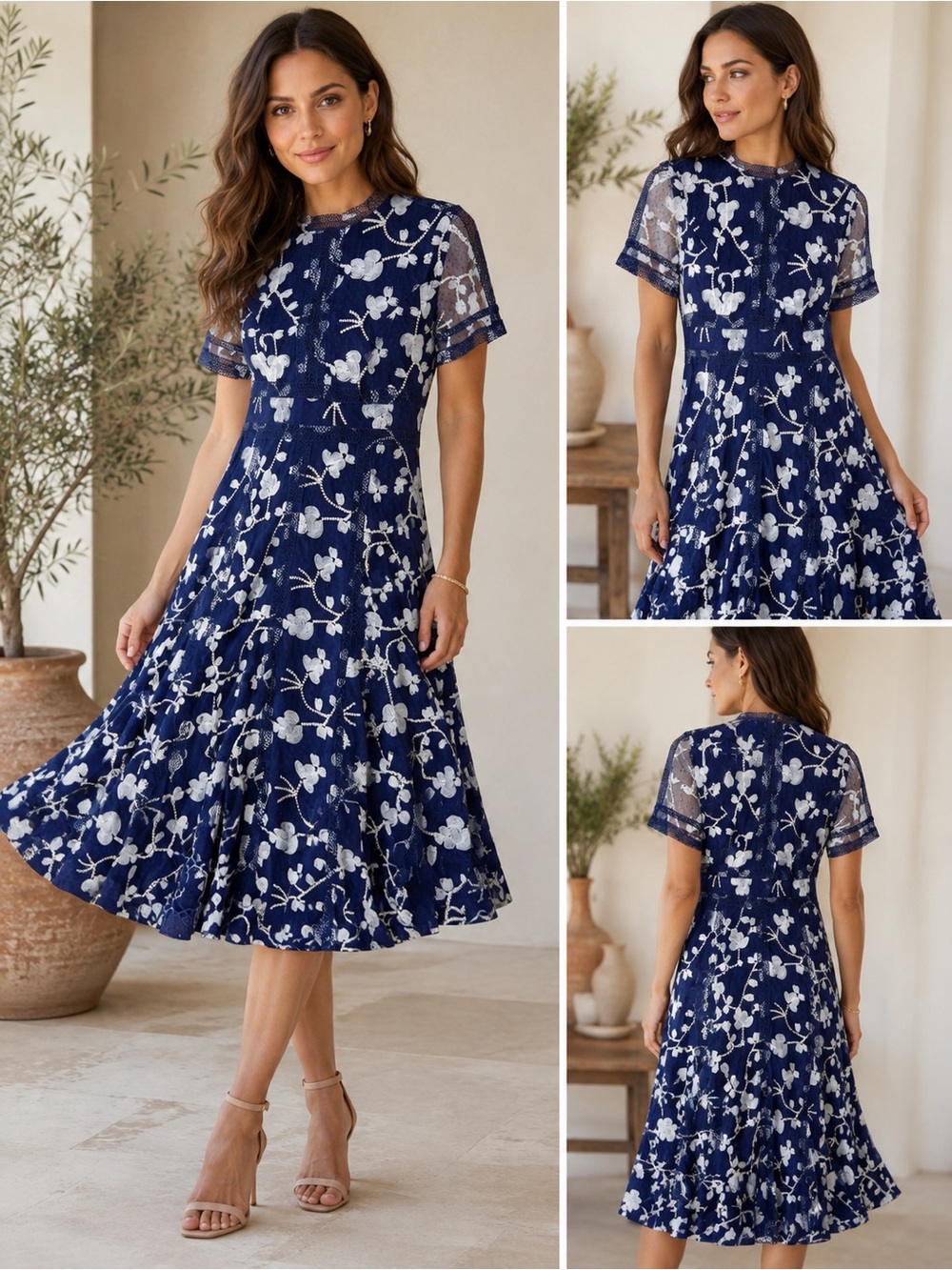 ANTONIO MELANI Navy & White Floral Lace Midi Dress